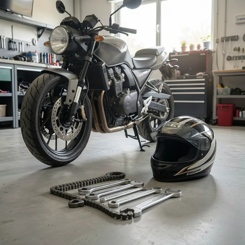 Mécanicien réglant la tension de chaîne d'une moto sur béquille d'atelier, clé dynamométrique en main